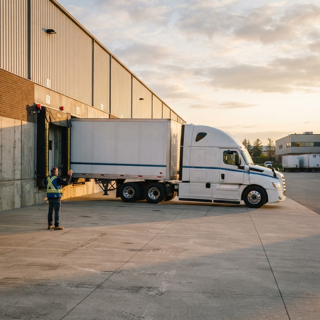 Semi truck backing into a warehouse loading bay