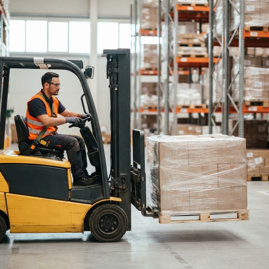 Forklift moving a pallet in an organized warehouse