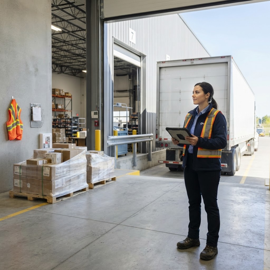 Logistics manager at a loading dock with pallets