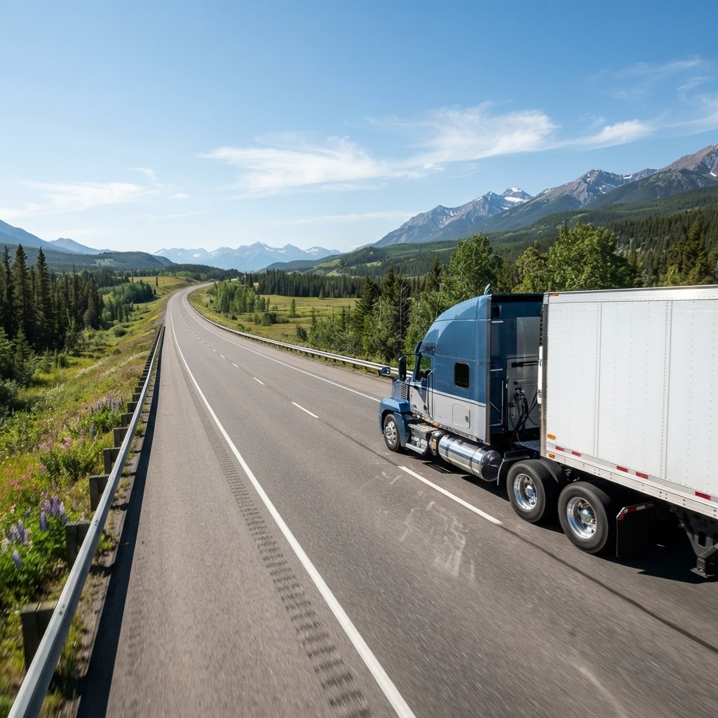 Transport truck on a highway under clear skies