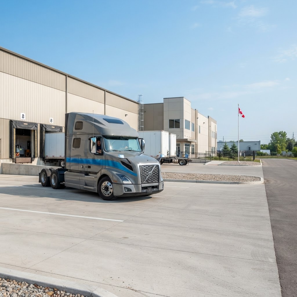 A clean transport truck backing into a warehouse loading bay