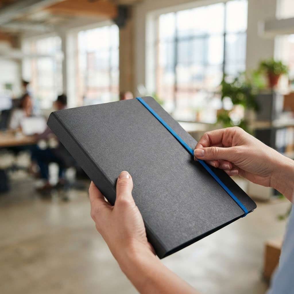 Hands organizing professional shipping documentation in a bright office