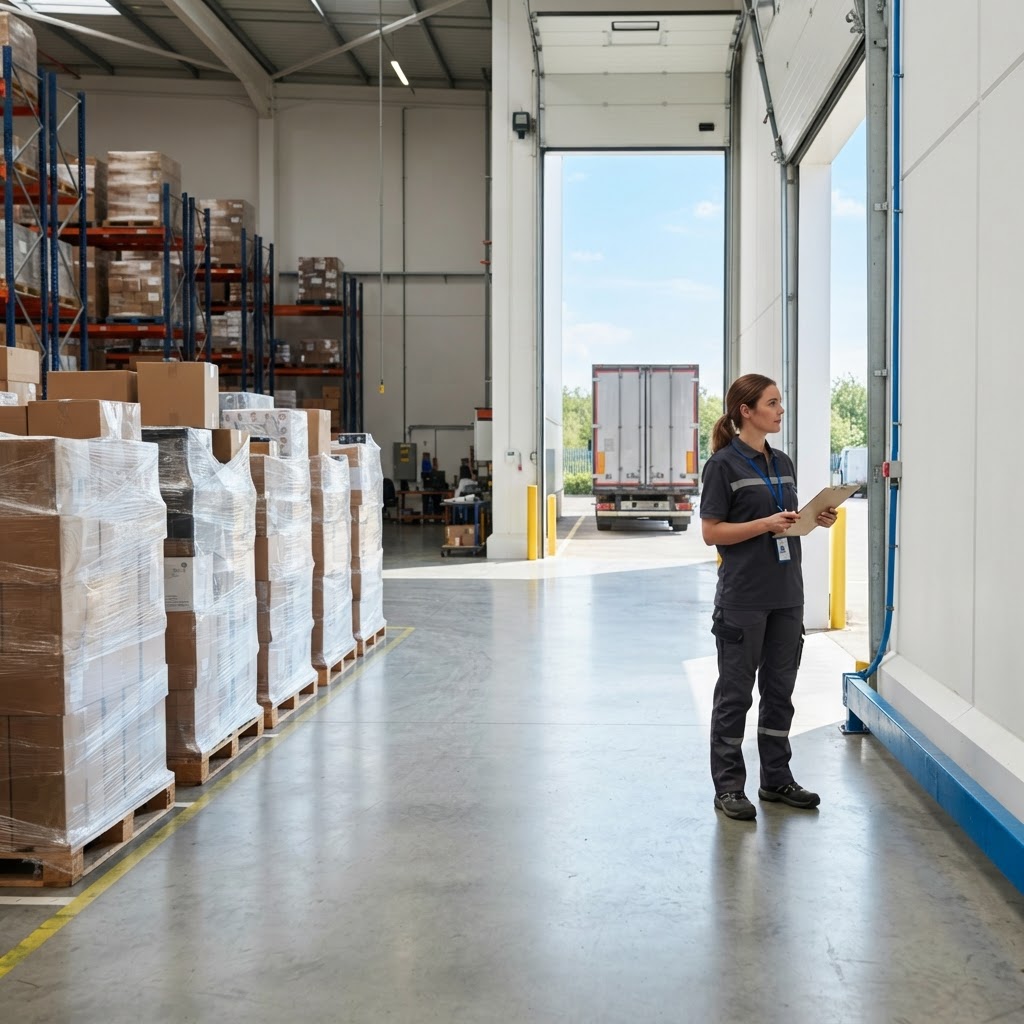 Logistics coordinator waiting in a bright, organized warehouse