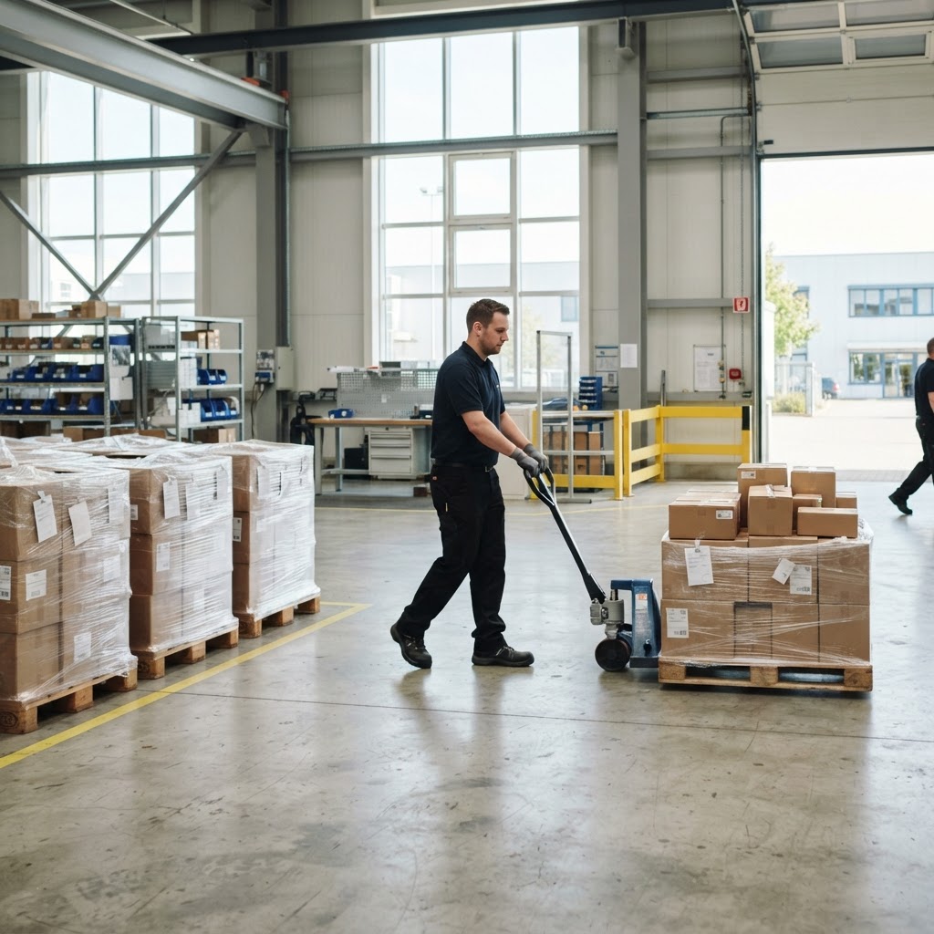 Warehouse worker moving a pallet with precision in an organized facility