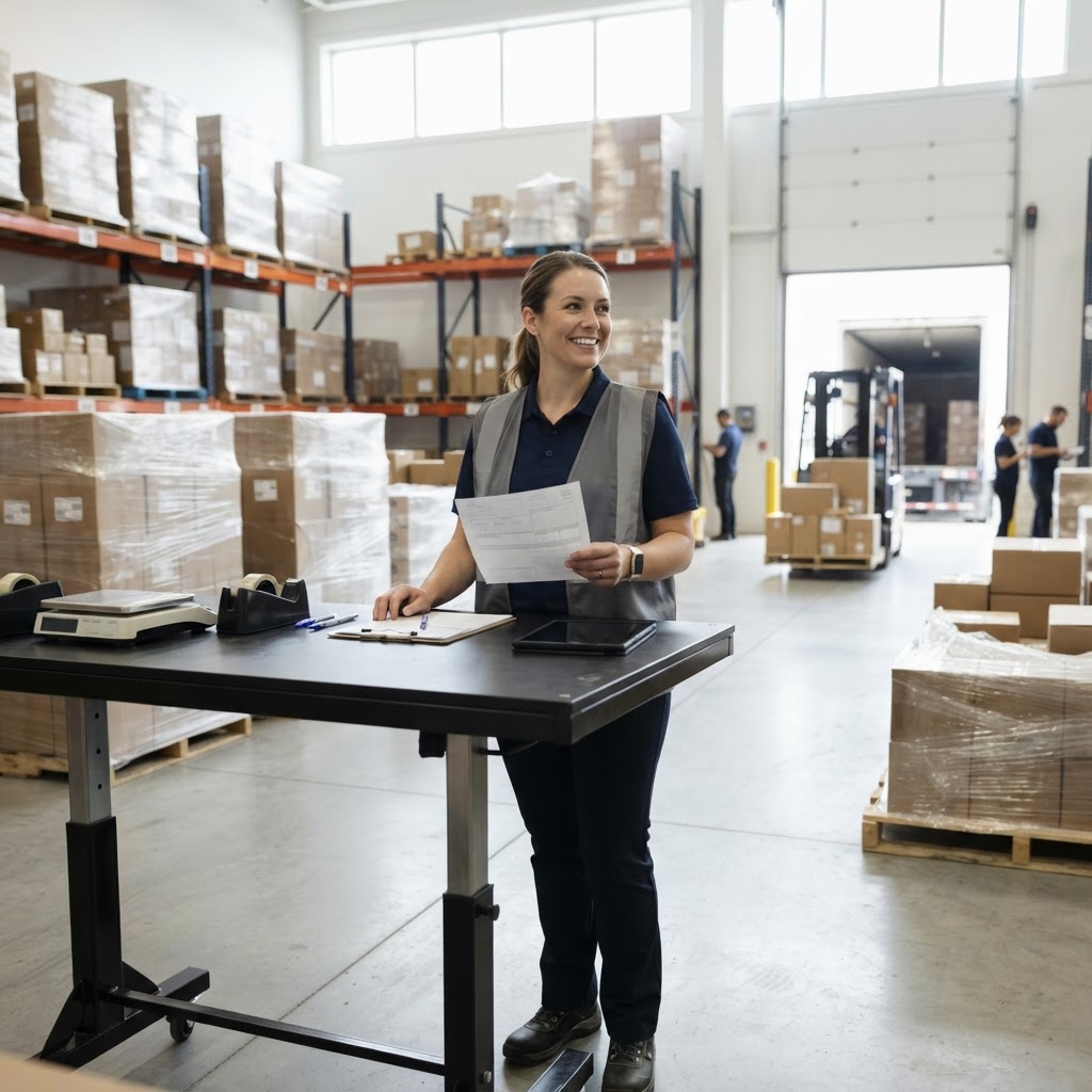 Logistics coordinator holding shipping documents in a warehouse