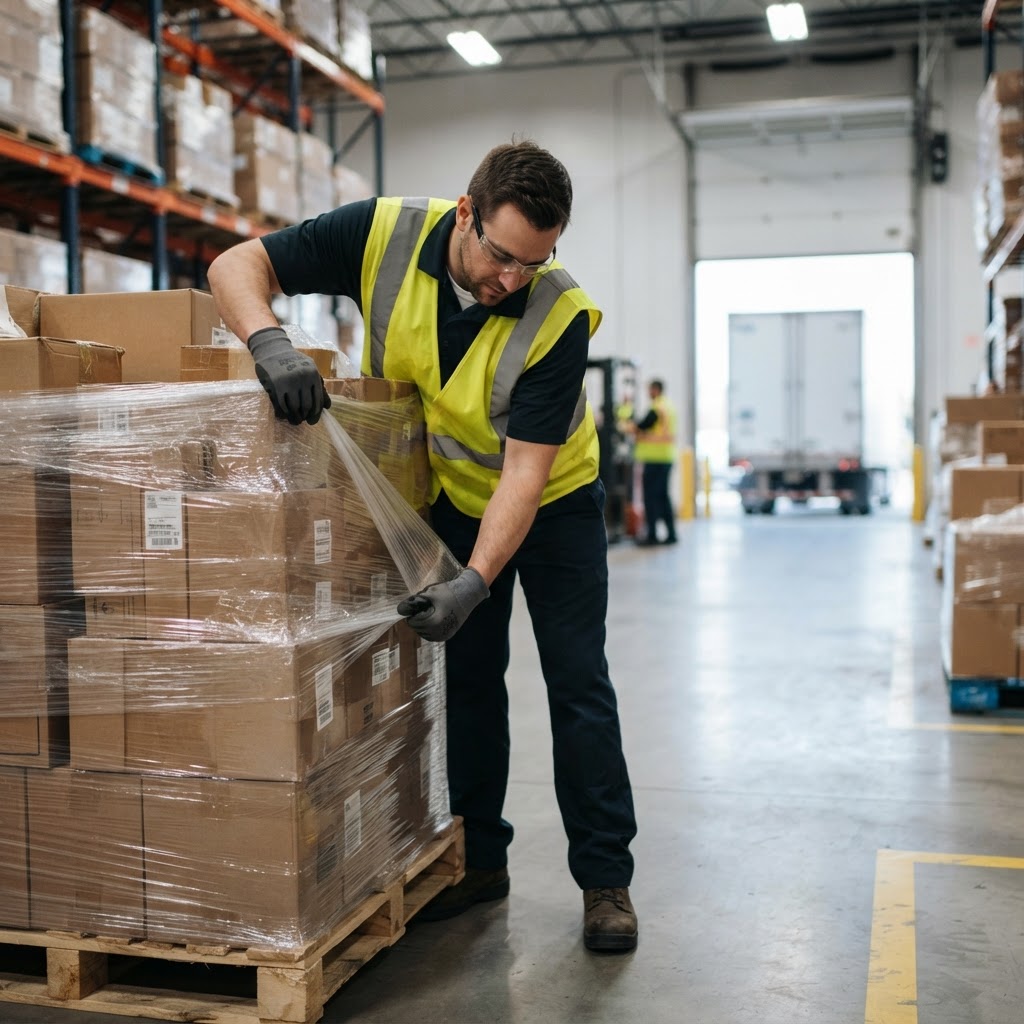Warehouse worker preparing a pallet for shipment