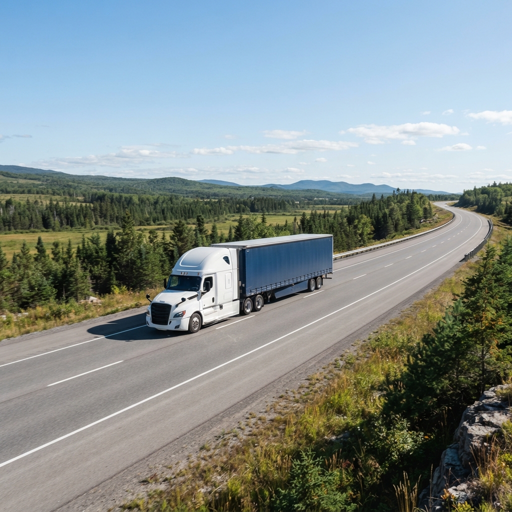 Freight truck cruising on a clear Canadian highway