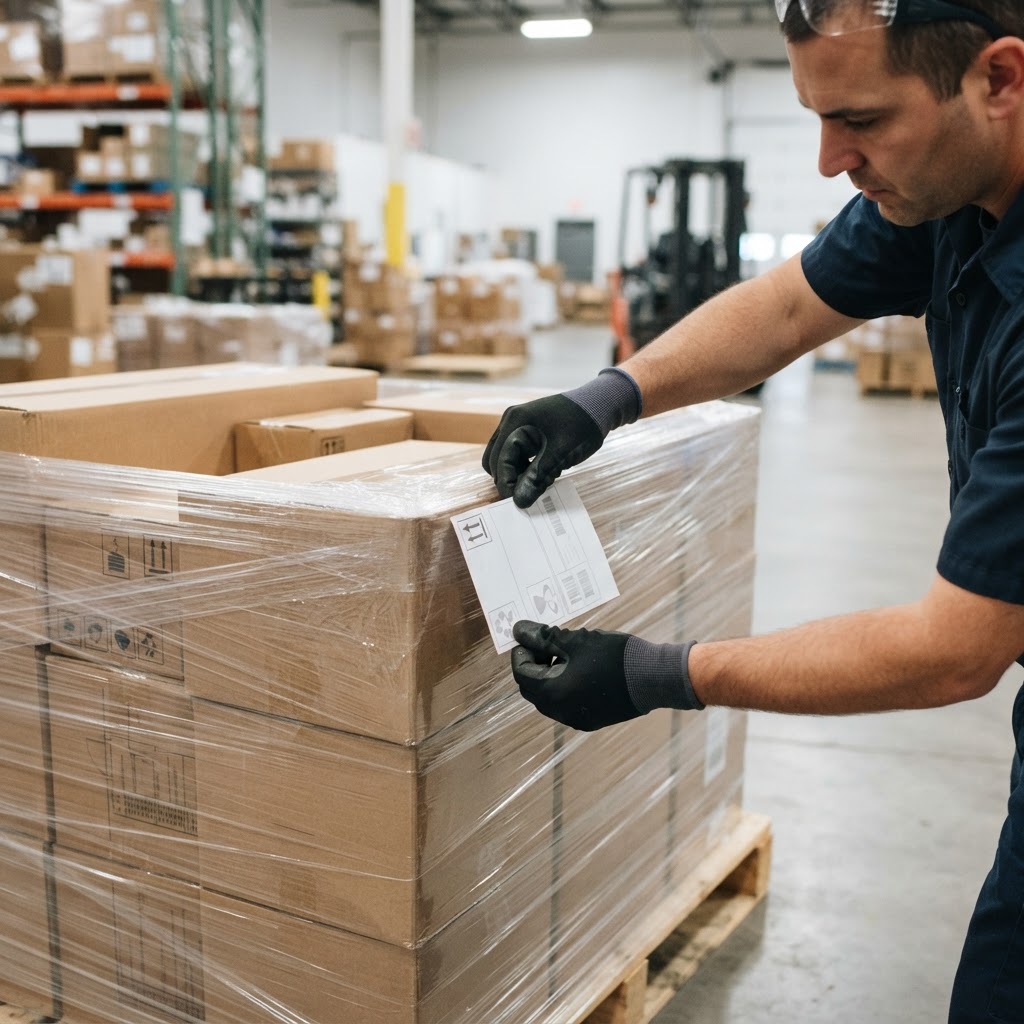 Warehouse worker preparing a pallet for shipment