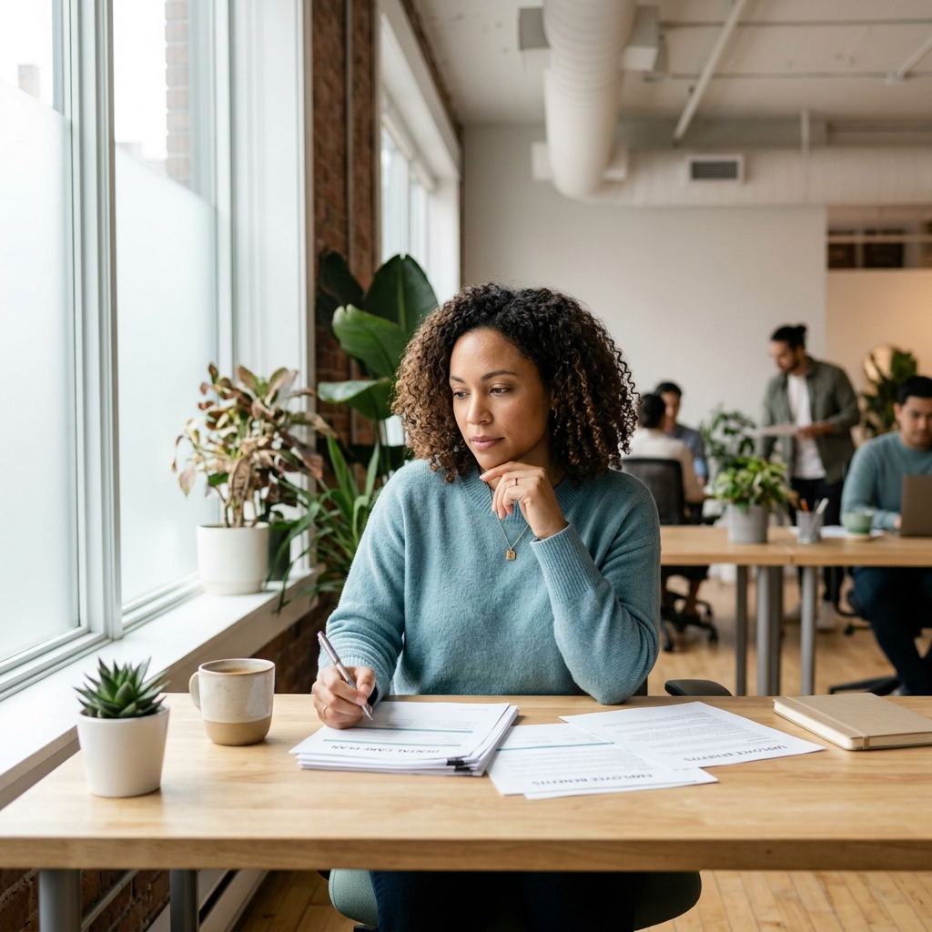 HR manager reviewing dental benefits strategy at modern office desk