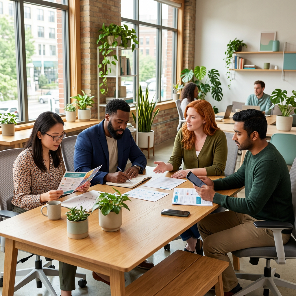 Diverse employees discussing personalized wellness allowance options