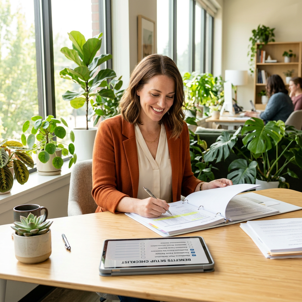 Small business owner reviewing benefits setup plan