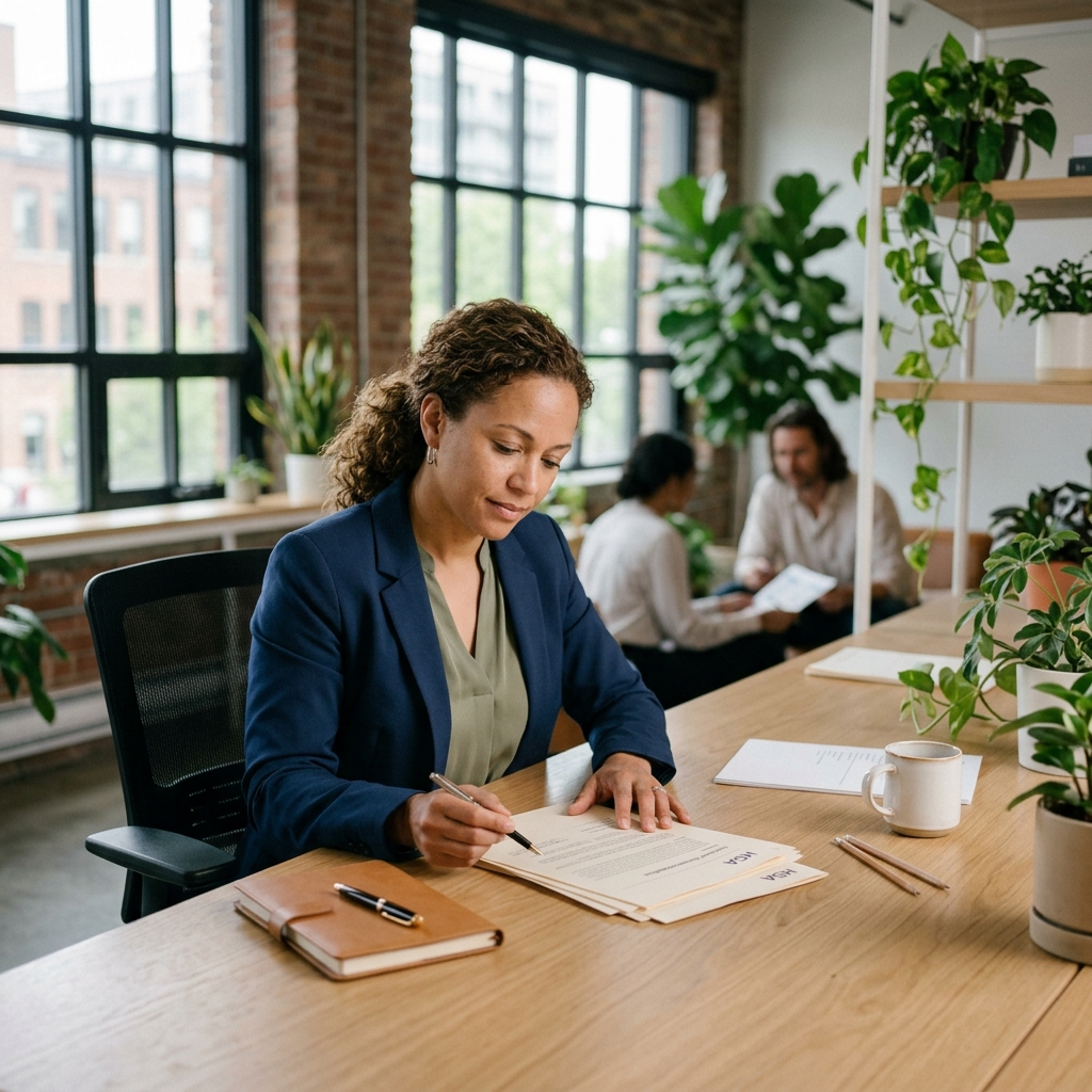 HR manager reviewing HSA compliance documents at modern desk