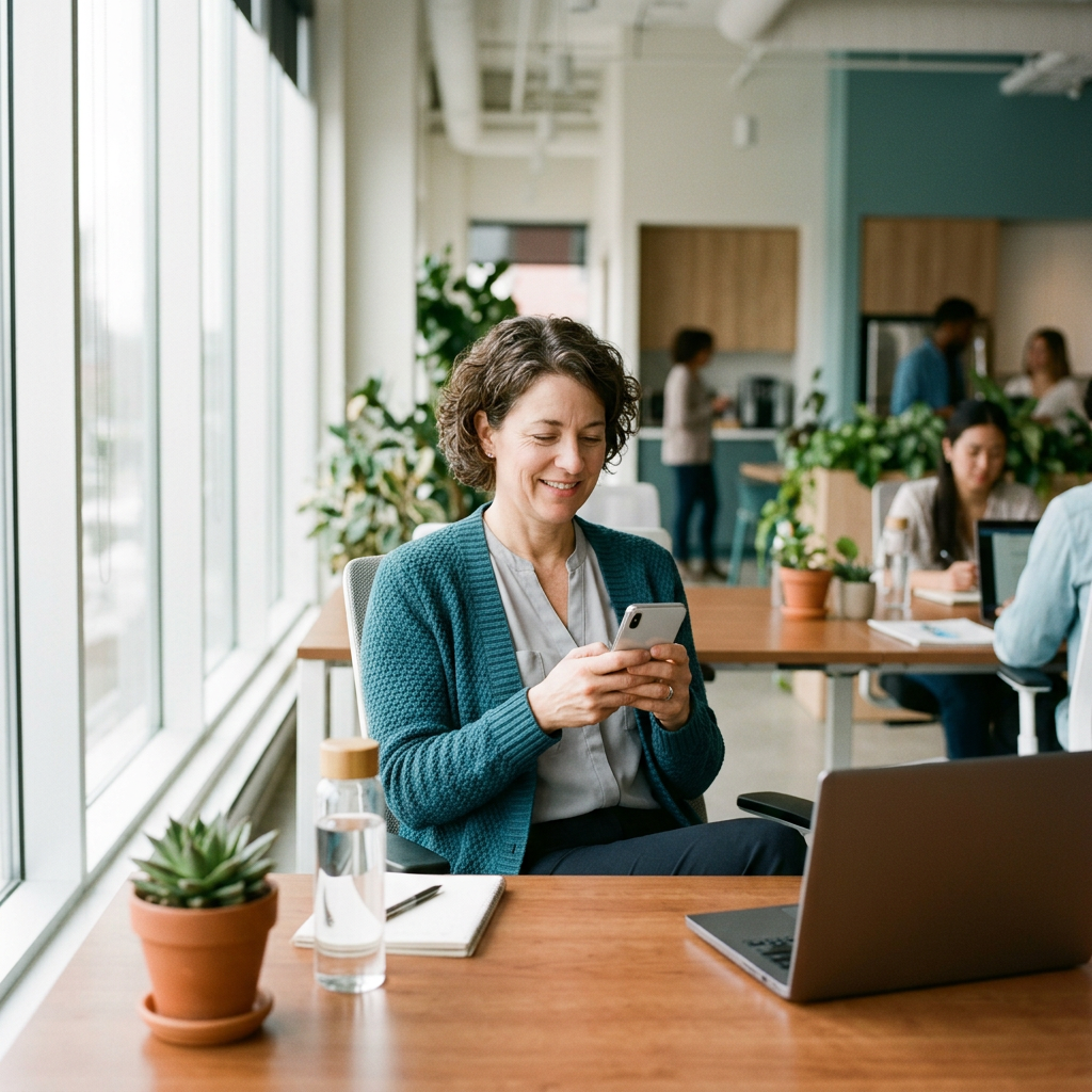 Professional woman approving benefits claim on mobile phone