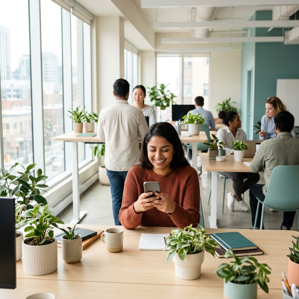 Woman reviewing wellness reimbursement on phone at modern office desk