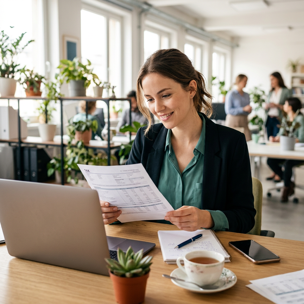 Woman reviewing tax documents at modern office desk