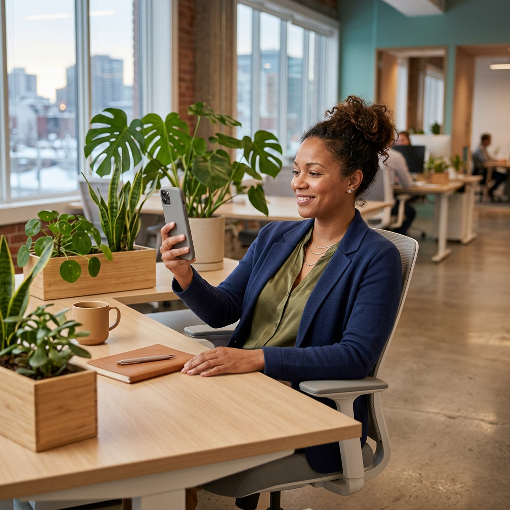 Employee checking HSA reimbursement on mobile app at desk