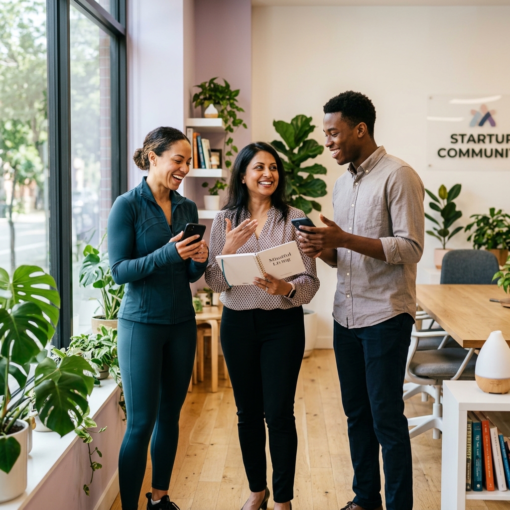 Diverse team of employees using mobile app for personalized benefits management