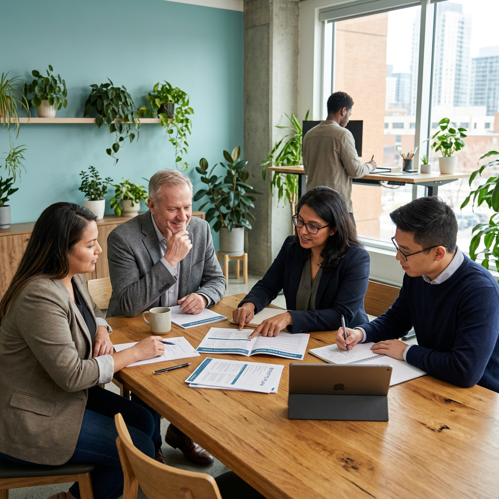 Diverse workplace team reviewing group benefits documentation together