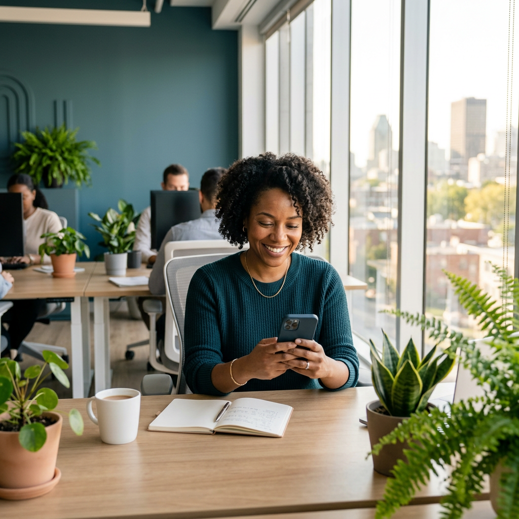 Woman receiving workplace recognition on mobile device