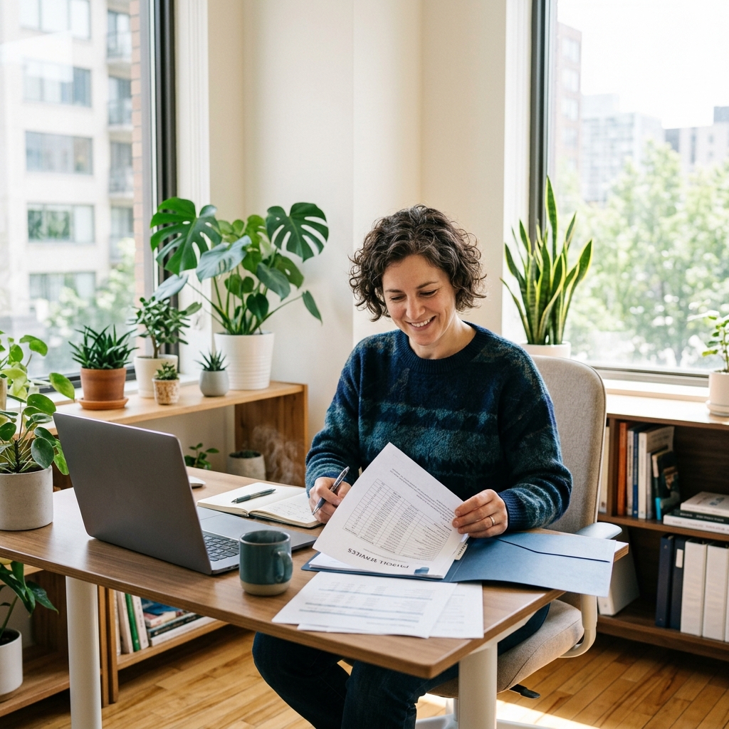 Small business owner reviewing payroll deductions at desk