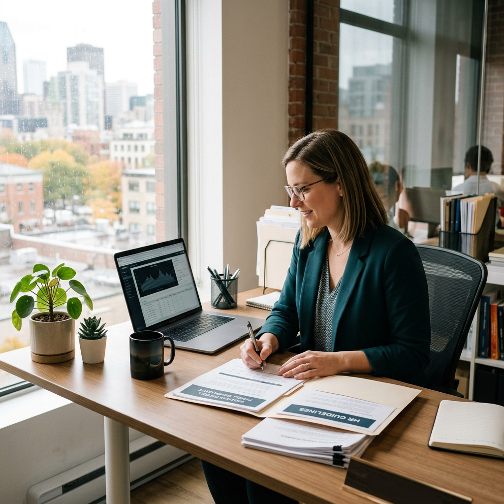 HR professional confidently reviewing HSA payroll documentation