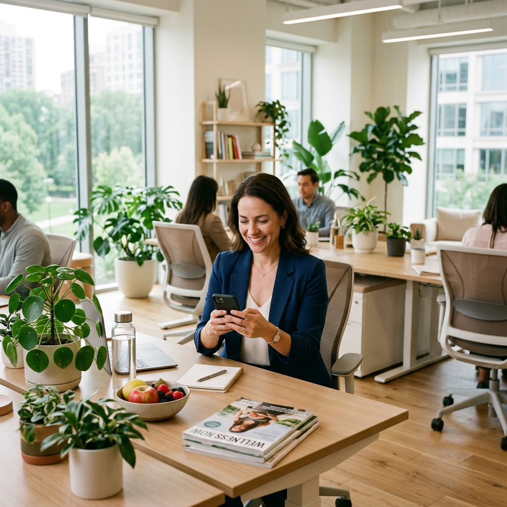 Employee submitting wellness claim on mobile app at desk