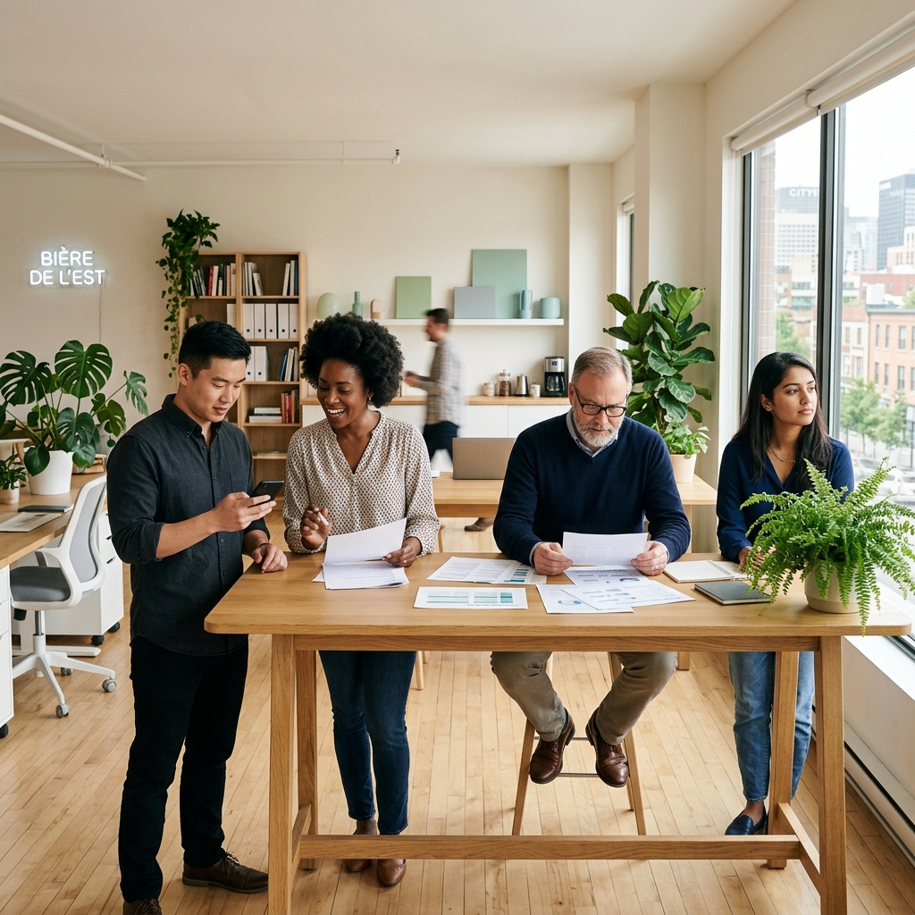 Small business team weighing benefits options together