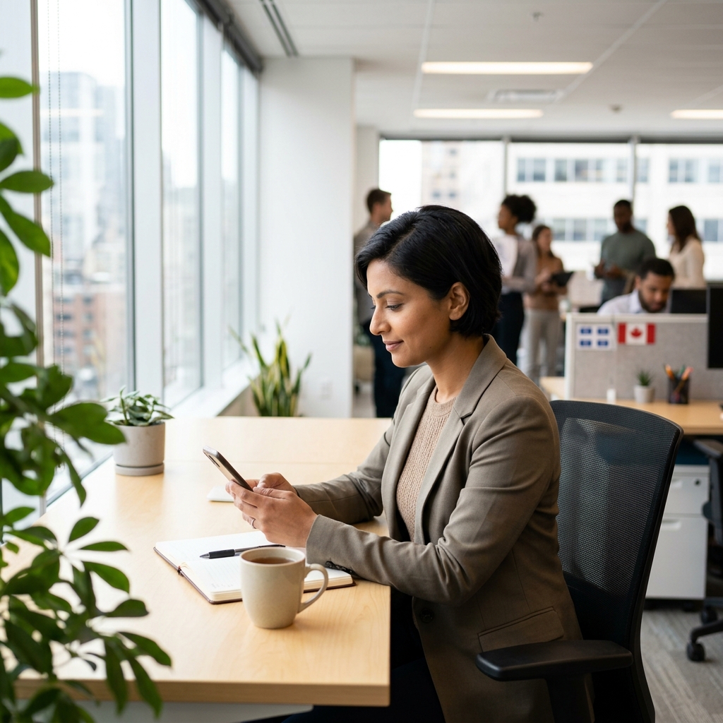 HR manager approving HSA reimbursement on phone at modern office