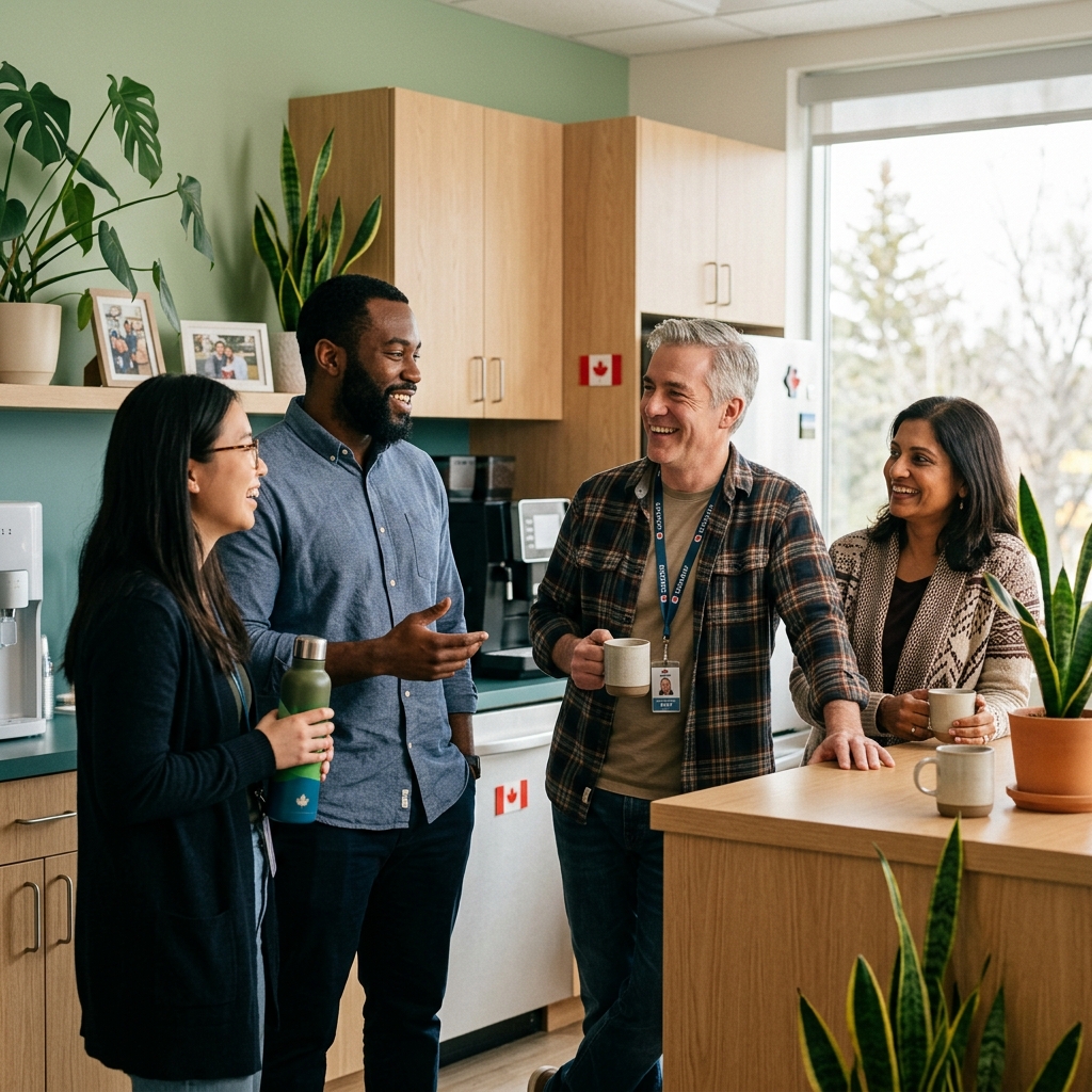 Diverse team in casual office setting, looking supported and connected