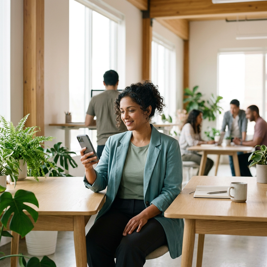 Professional woman reviewing benefits on mobile app at desk