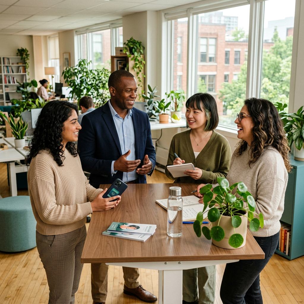 Diverse team reviewing benefits in modern office