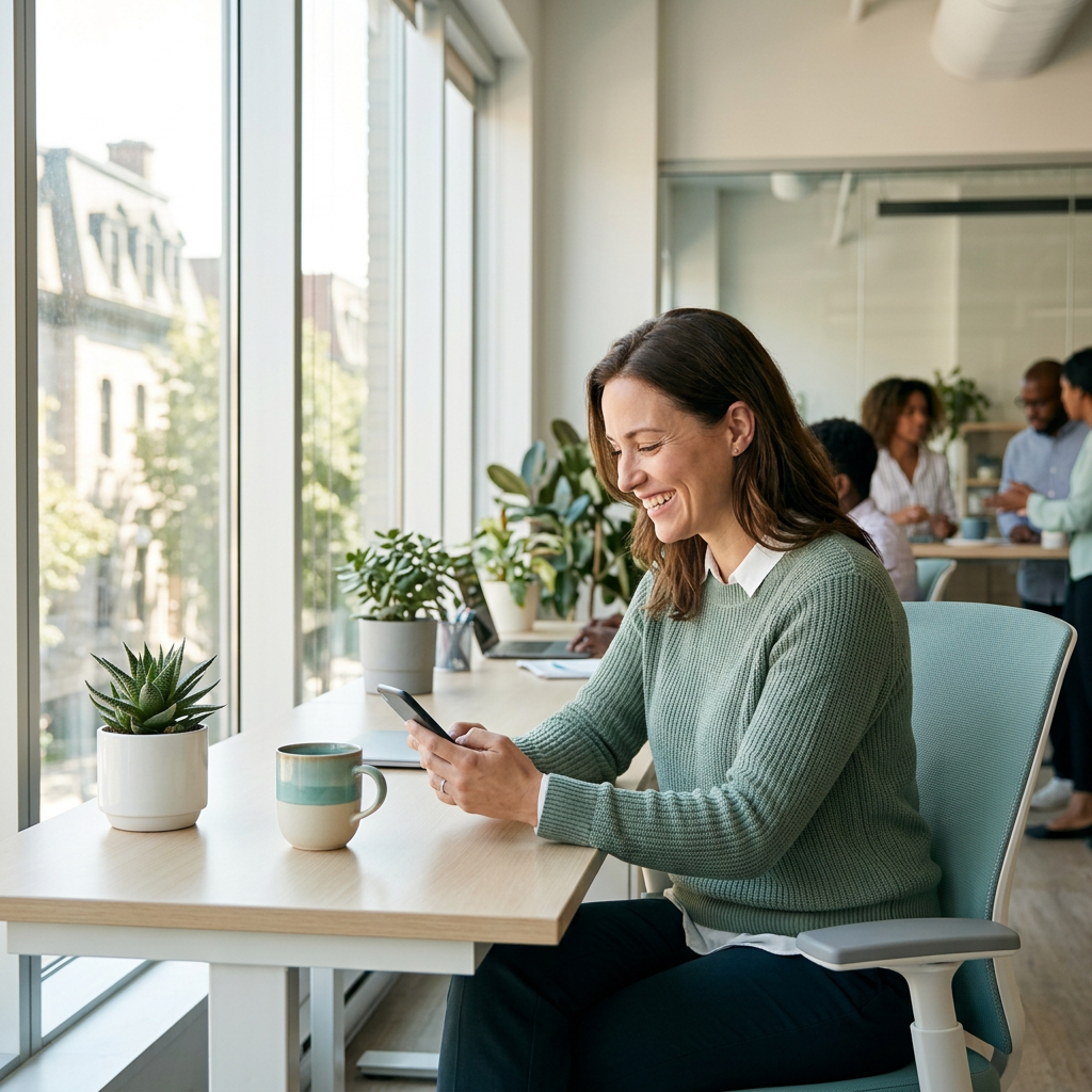 Employee reviewing benefits claim on phone at modern office desk