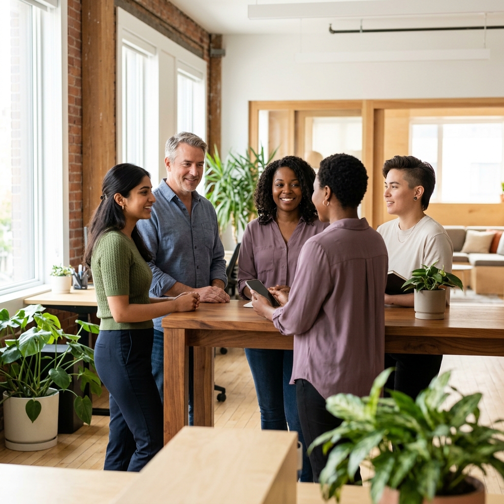 Diverse employees discussing benefits in modern office