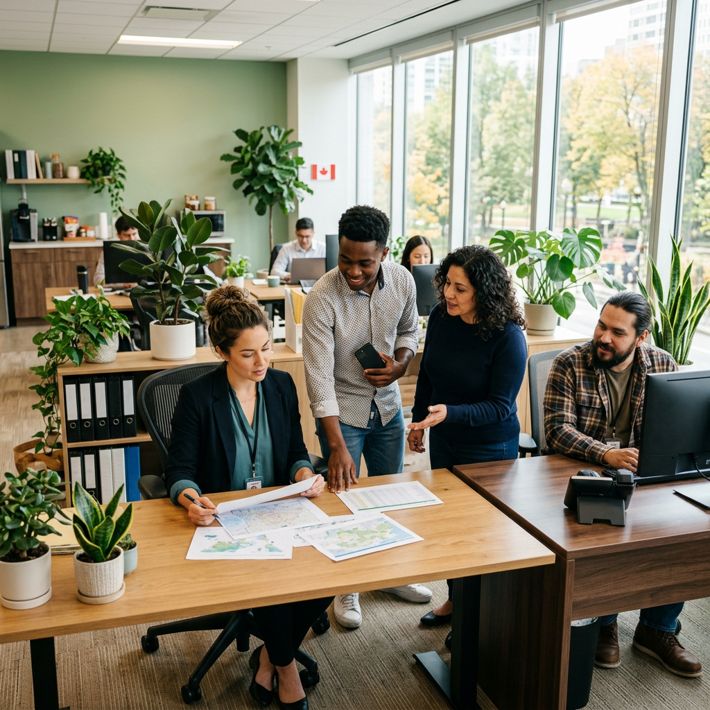Diverse employees reviewing benefits information in modern office