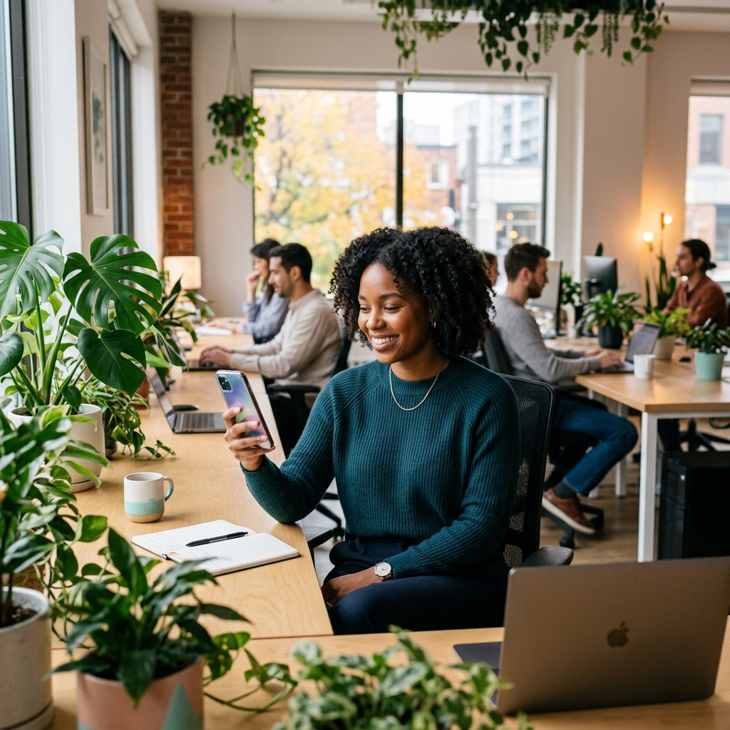 Employee reviewing wellness benefit claim on smartphone at office desk
