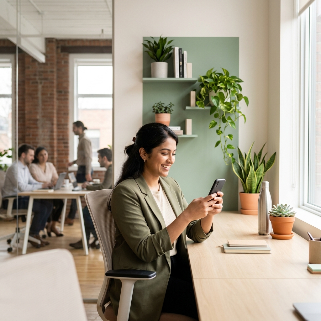 Woman reviewing approved claim on phone at modern office desk