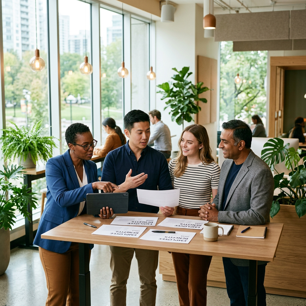 Small business team reviewing employee benefits options together