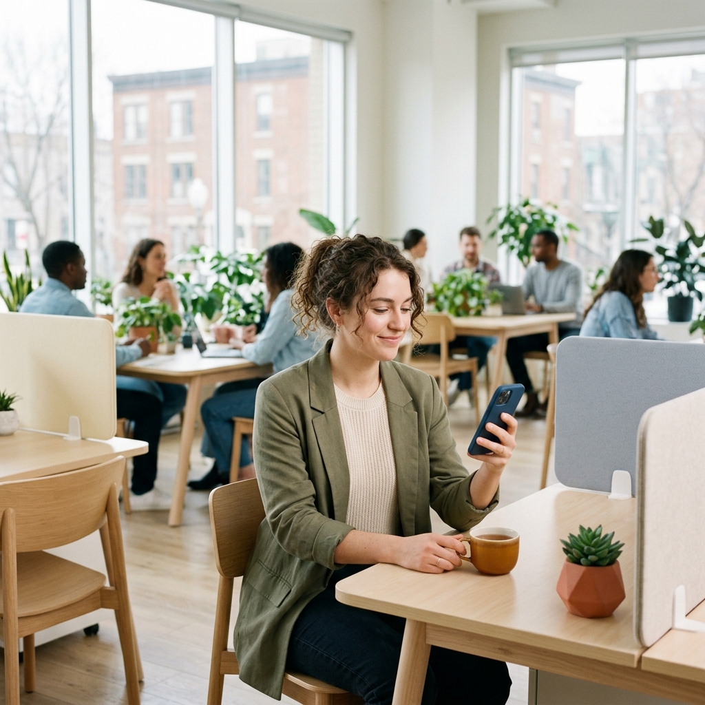 Professional woman submitting wellness claim on mobile at modern office desk