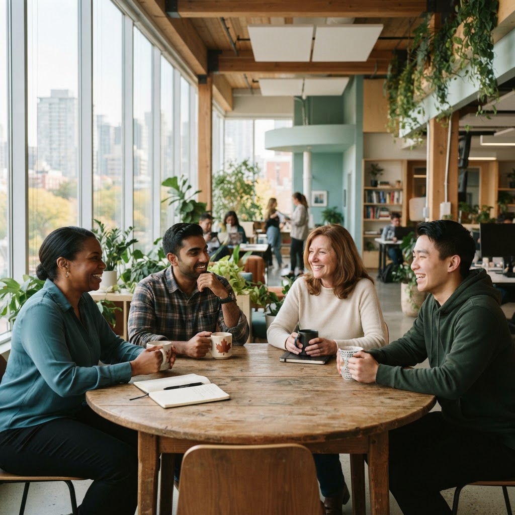Diverse employees collaborating in a warm modern office