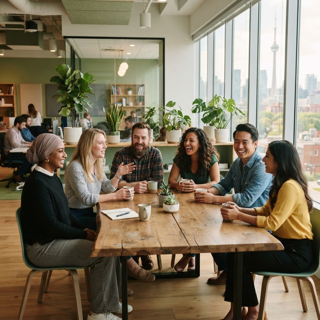 Diverse colleagues collaborating in a bright modern office