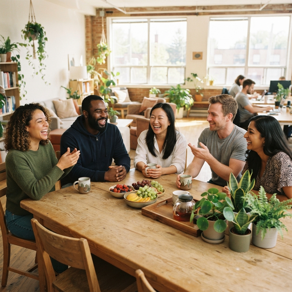 Diverse team laughing together in a bright modern office