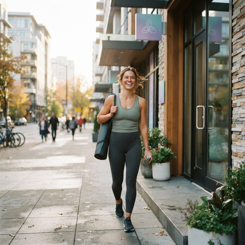 Person feeling refreshed after leaving a yoga class