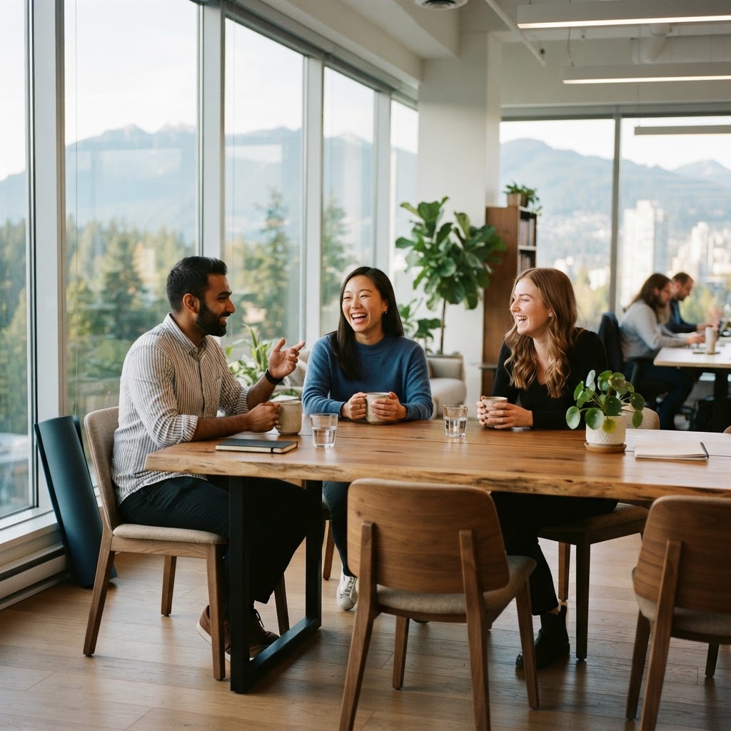 Diverse team of workers chatting in a modern office