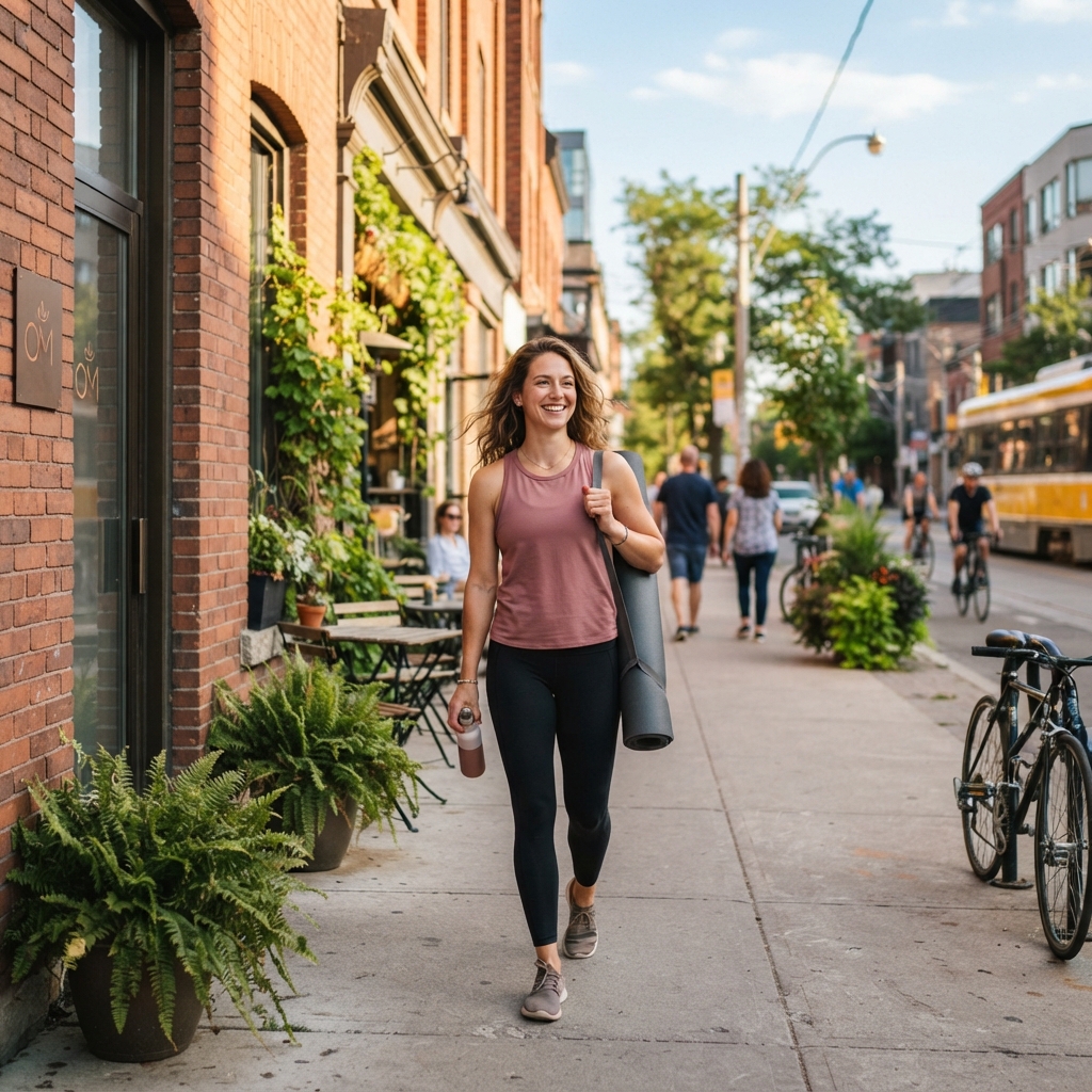 Person leaving a yoga class feeling refreshed