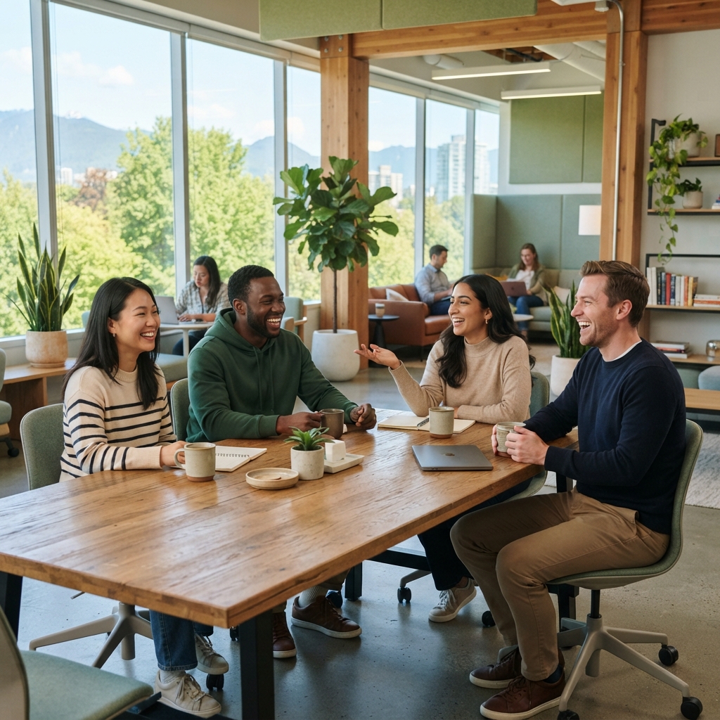 A diverse team of professionals collaborating in a bright modern Vancouver office