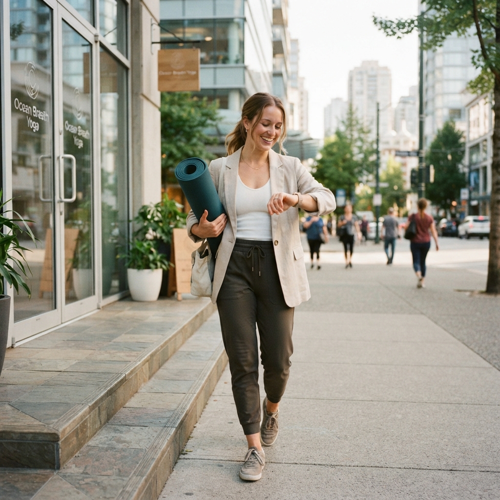 A smiling employee leaving a yoga class in Vancouver