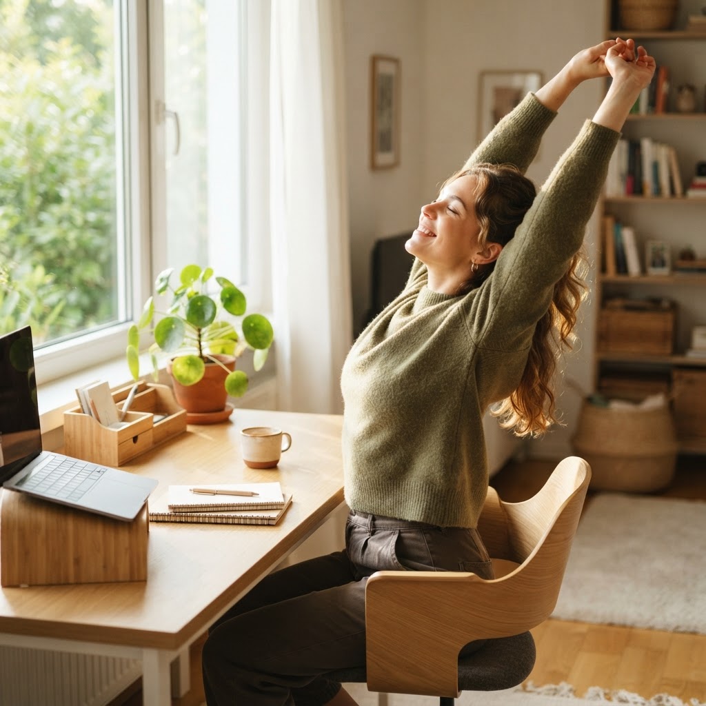 Employee stretching in a bright home office setting