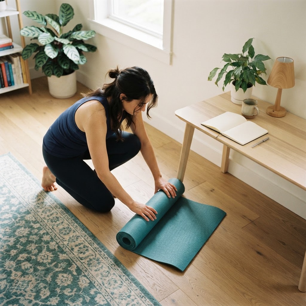 Person preparing for wellness activity at home