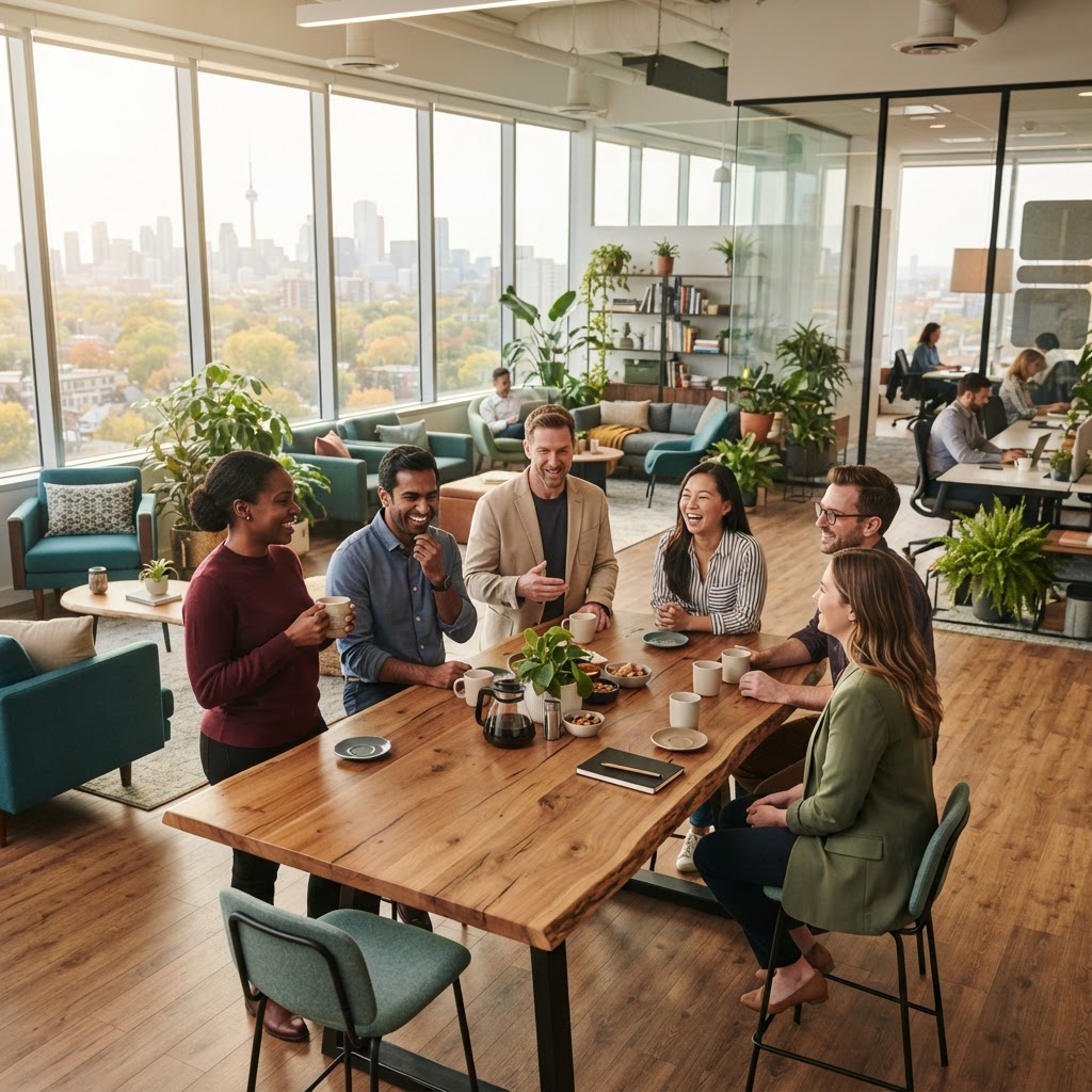 Relaxed professional team in a modern Canadian office space