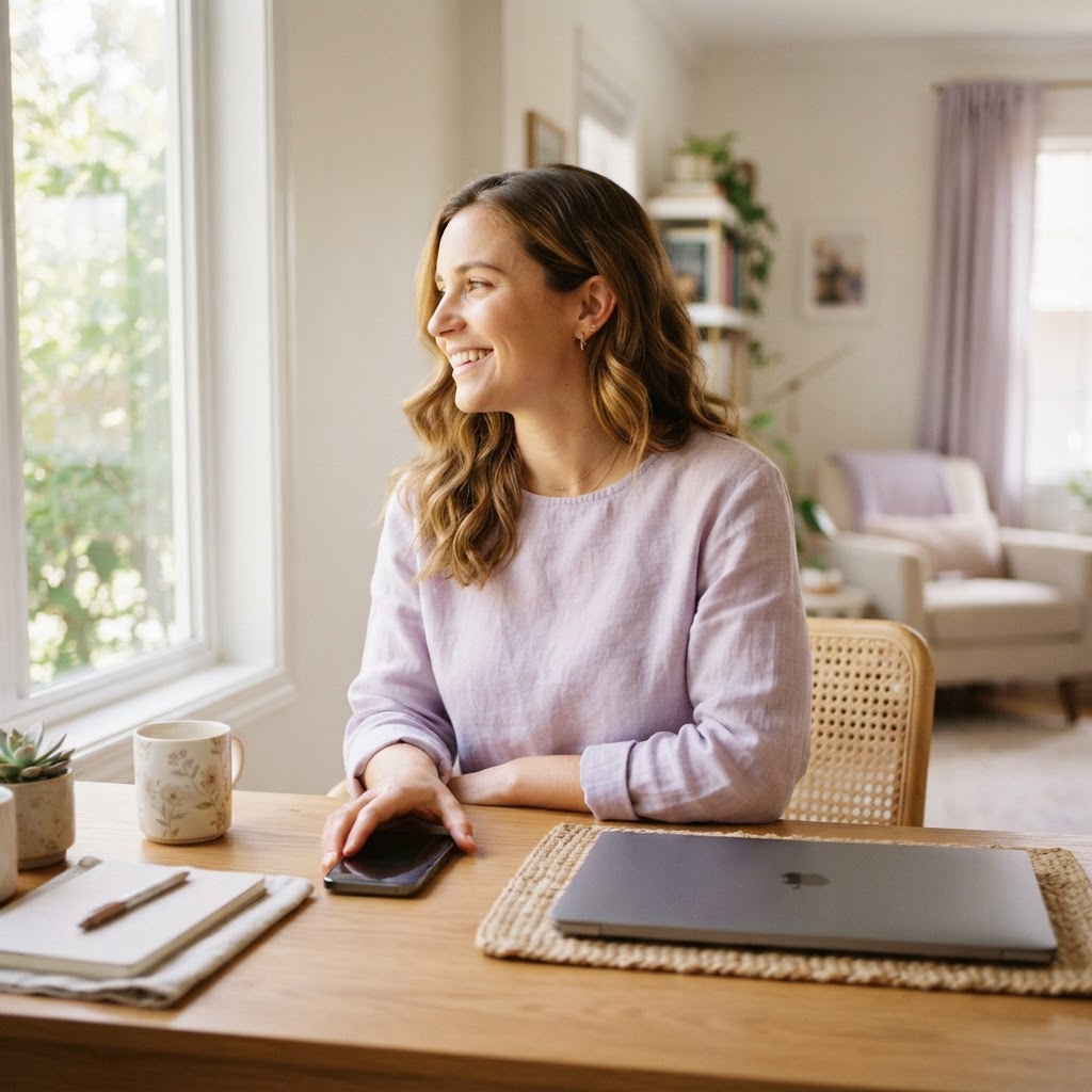 Person feeling empowered and relaxed in a home office